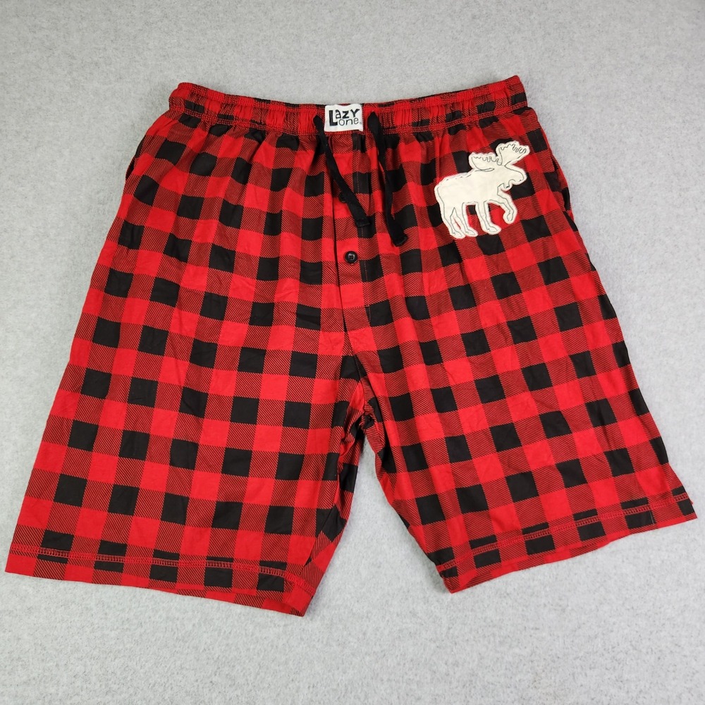 Lazy One Pajama Shorts Mens XXL Red Buffalo Plaid Moose Patch Cotton Drawstring